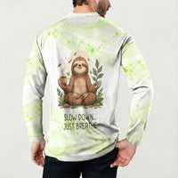 Meditating Sloth Hermit Day Button Sweatshirt Just Breathe Mindfulness Coffee Animal
