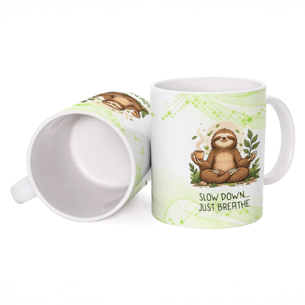 Meditating Sloth Hermit Day Ceramic Mug Just Breathe Mindfulness Coffee Animal