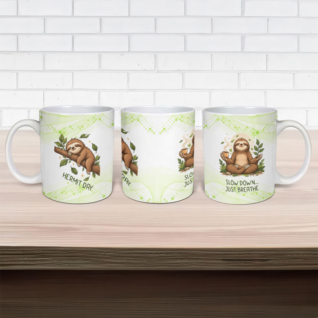 Meditating Sloth Hermit Day Ceramic Mug Just Breathe Mindfulness Coffee Animal