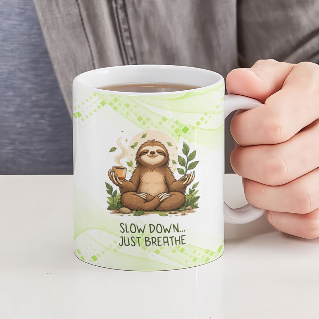Meditating Sloth Hermit Day Ceramic Mug Just Breathe Mindfulness Coffee Animal