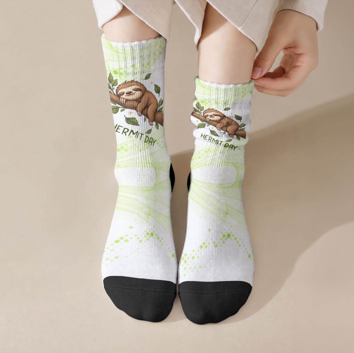 Meditating Sloth Hermit Day Crew Socks Just Breathe Mindfulness Coffee Animal