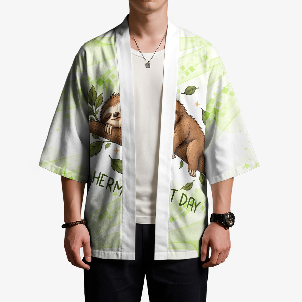 Meditating Sloth Hermit Day Kimono Just Breathe Mindfulness Coffee Animal