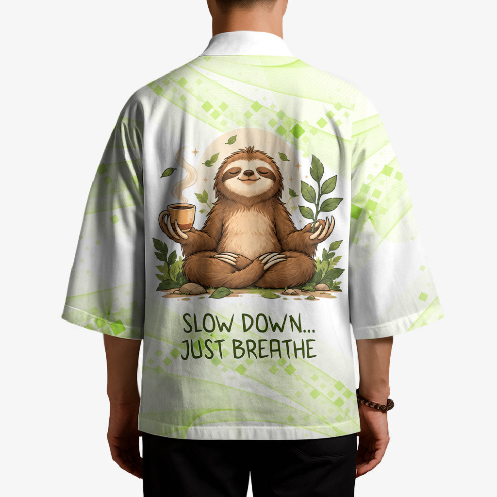 Meditating Sloth Hermit Day Kimono Just Breathe Mindfulness Coffee Animal