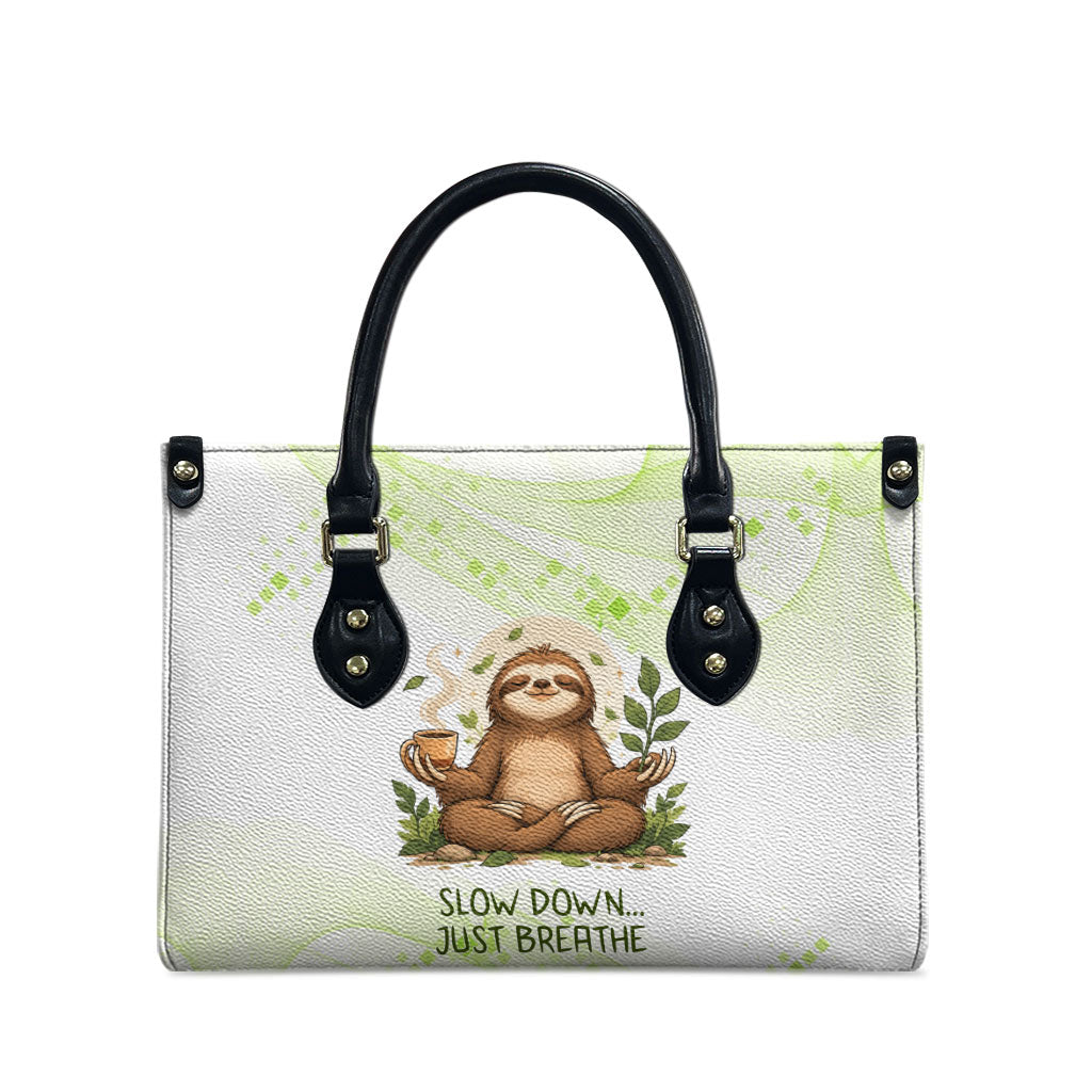 Meditating Sloth Hermit Day Leather Bag Just Breathe Mindfulness Coffee Animal