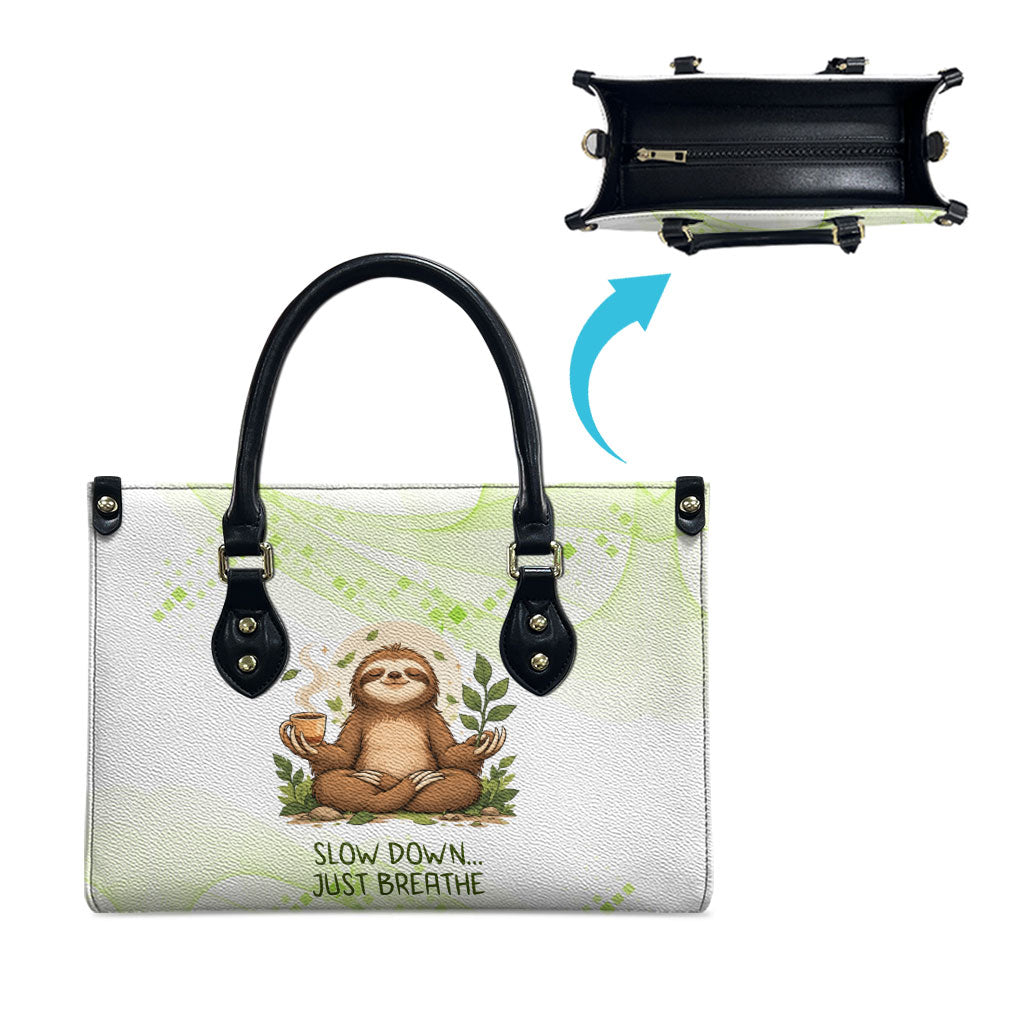 Meditating Sloth Hermit Day Leather Bag Just Breathe Mindfulness Coffee Animal