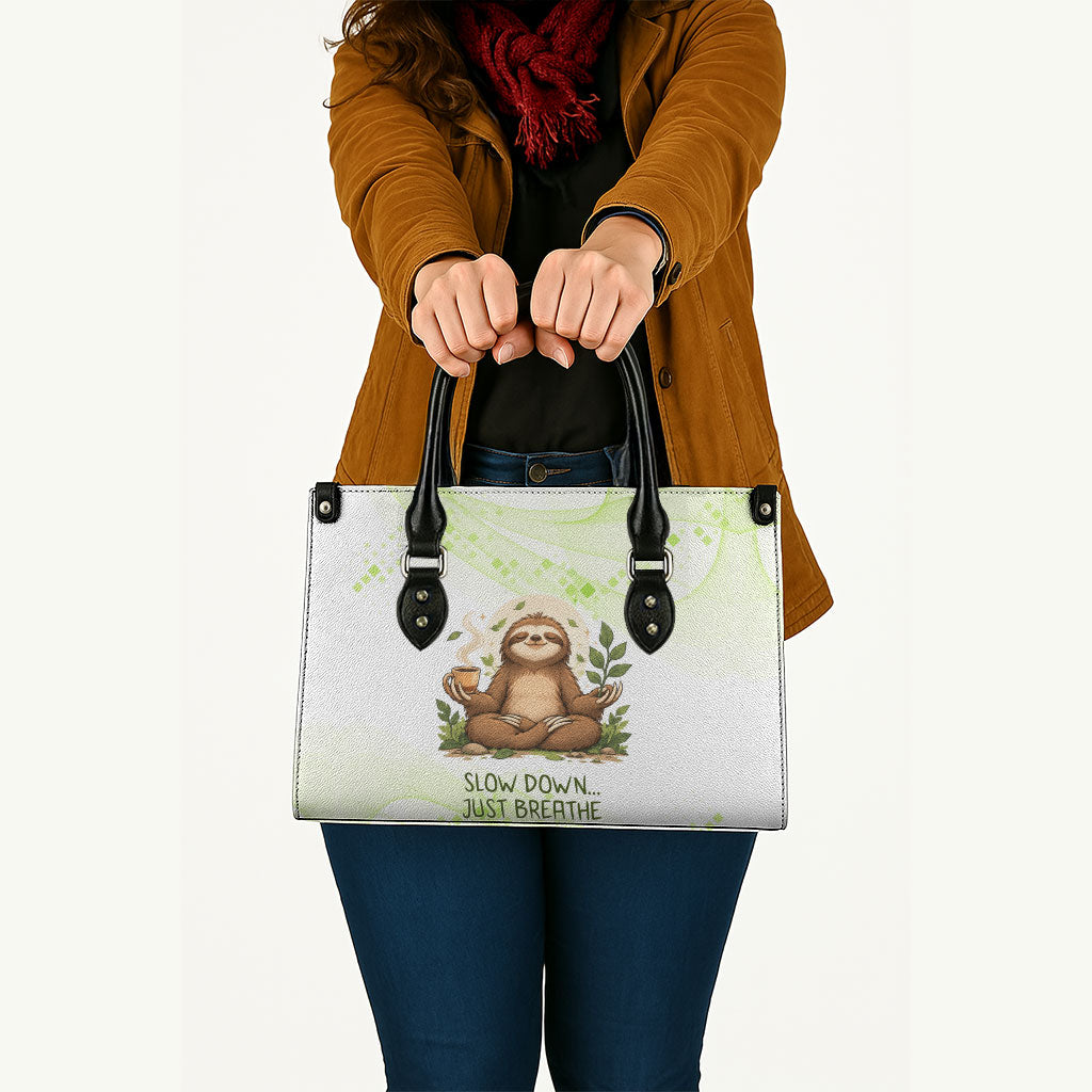 Meditating Sloth Hermit Day Leather Bag Just Breathe Mindfulness Coffee Animal