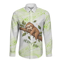 Meditating Sloth Hermit Day Long Sleeve Button Shirt Just Breathe Mindfulness Coffee Animal