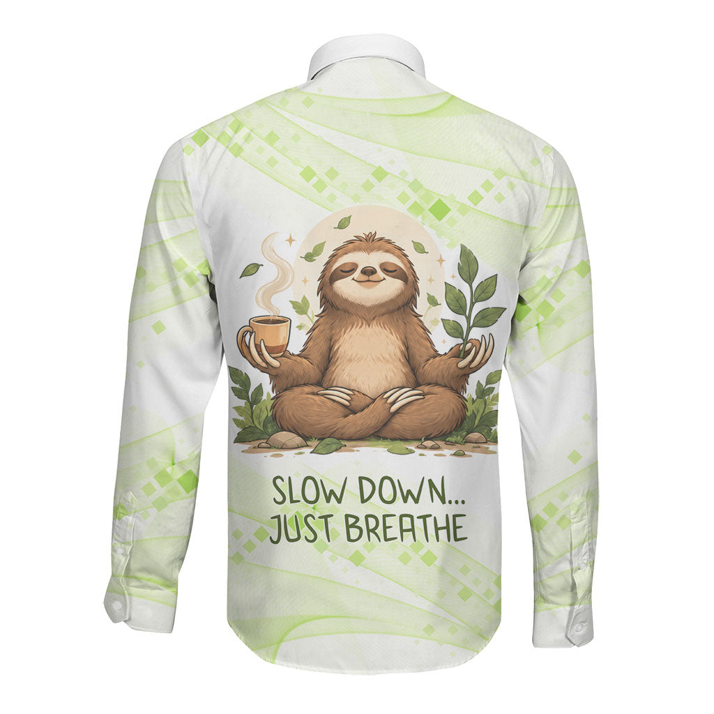 Meditating Sloth Hermit Day Long Sleeve Button Shirt Just Breathe Mindfulness Coffee Animal