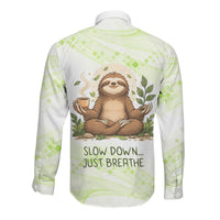 Meditating Sloth Hermit Day Long Sleeve Button Shirt Just Breathe Mindfulness Coffee Animal