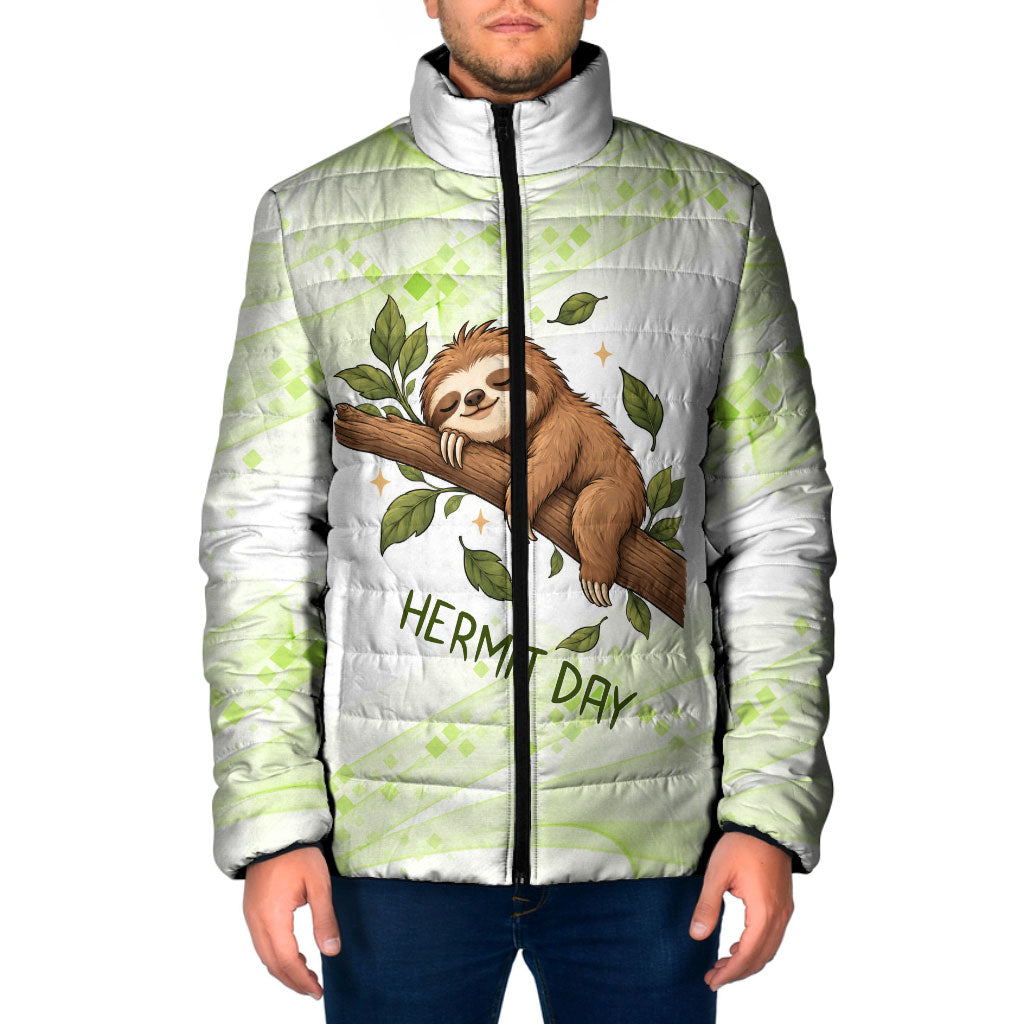 Meditating Sloth Hermit Day Padded Jacket Just Breathe Mindfulness Coffee Animal