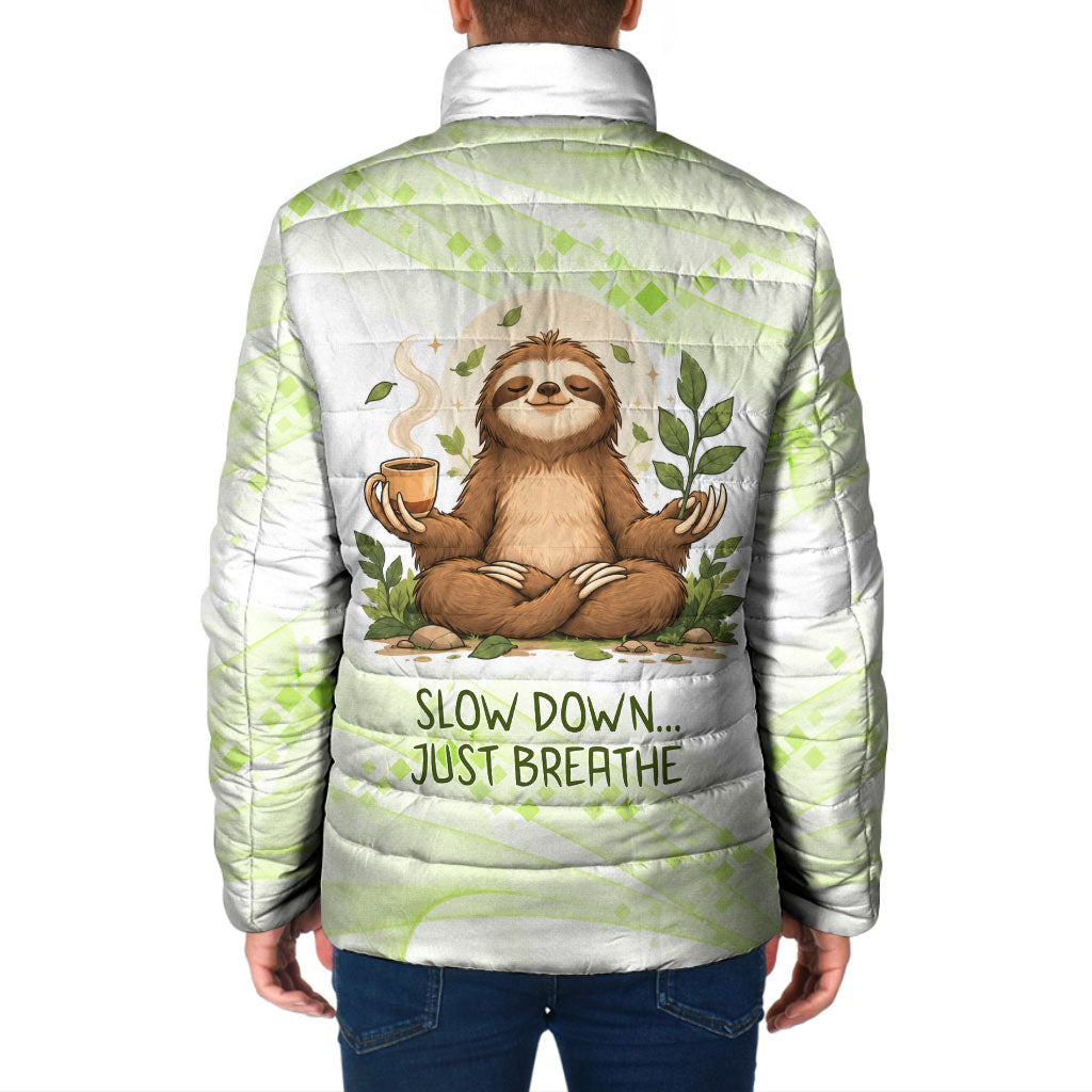 Meditating Sloth Hermit Day Padded Jacket Just Breathe Mindfulness Coffee Animal