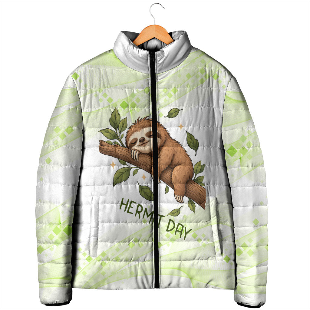 Meditating Sloth Hermit Day Padded Jacket Just Breathe Mindfulness Coffee Animal