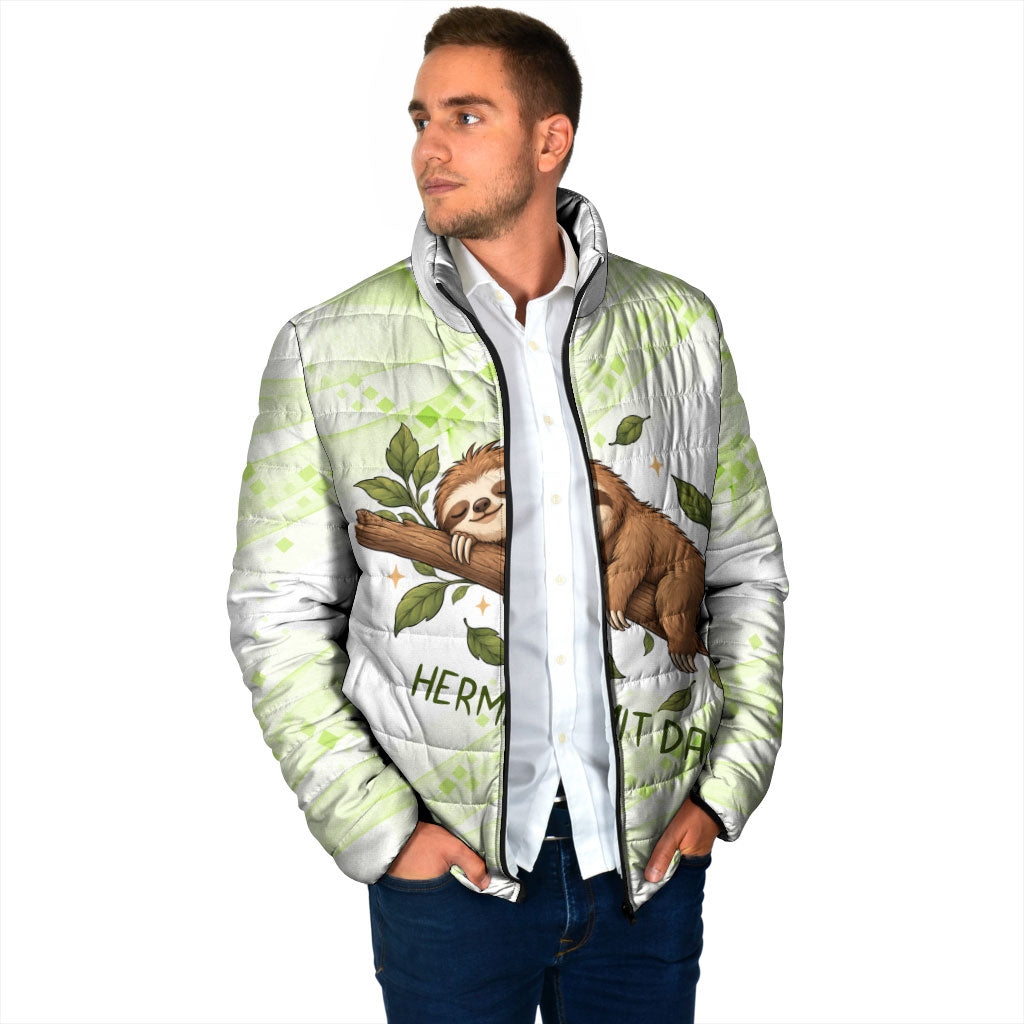 Meditating Sloth Hermit Day Padded Jacket Just Breathe Mindfulness Coffee Animal