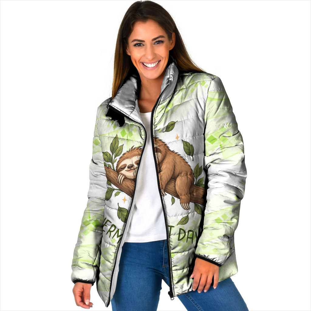 Meditating Sloth Hermit Day Padded Jacket Just Breathe Mindfulness Coffee Animal