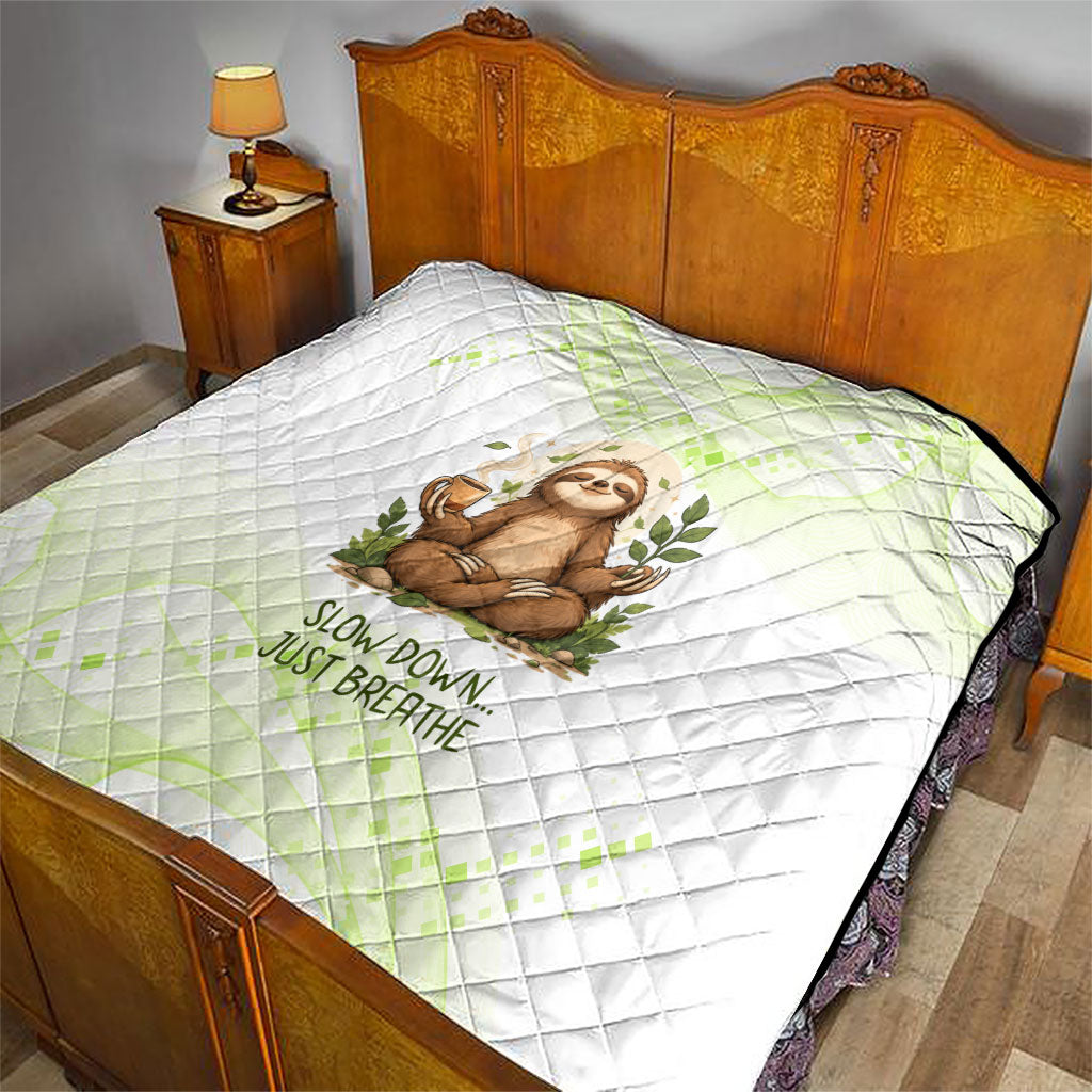 Meditating Sloth Hermit Day Quilt Just Breathe Mindfulness Coffee Animal