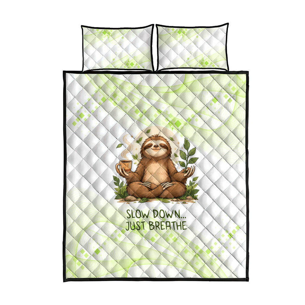 Meditating Sloth Hermit Day Quilt Bed Set Just Breathe Mindfulness Coffee Animal