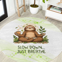Meditating Sloth Hermit Day Round Carpet Just Breathe Mindfulness Coffee Animal