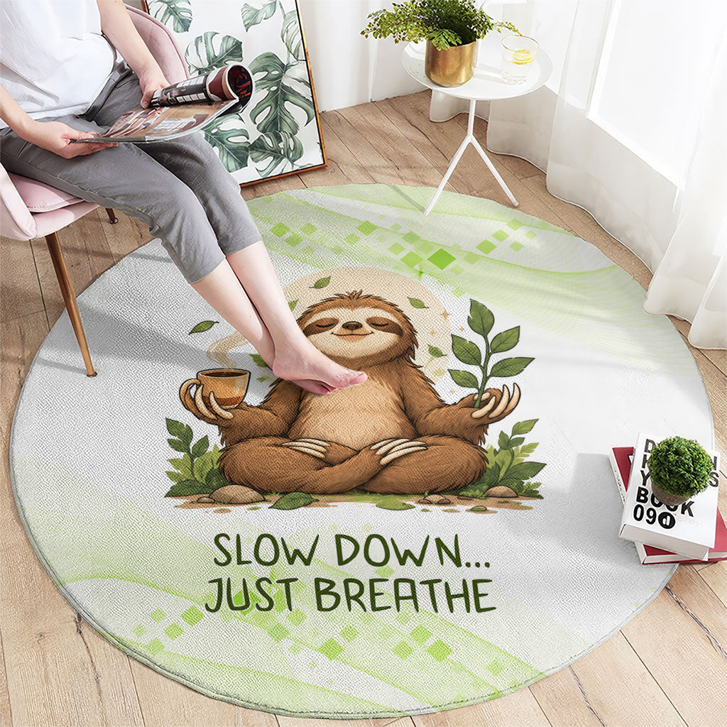 Meditating Sloth Hermit Day Round Carpet Just Breathe Mindfulness Coffee Animal