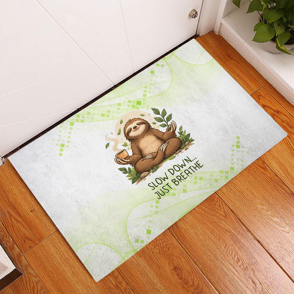 Meditating Sloth Hermit Day Rubber Doormat Just Breathe Mindfulness Coffee Animal