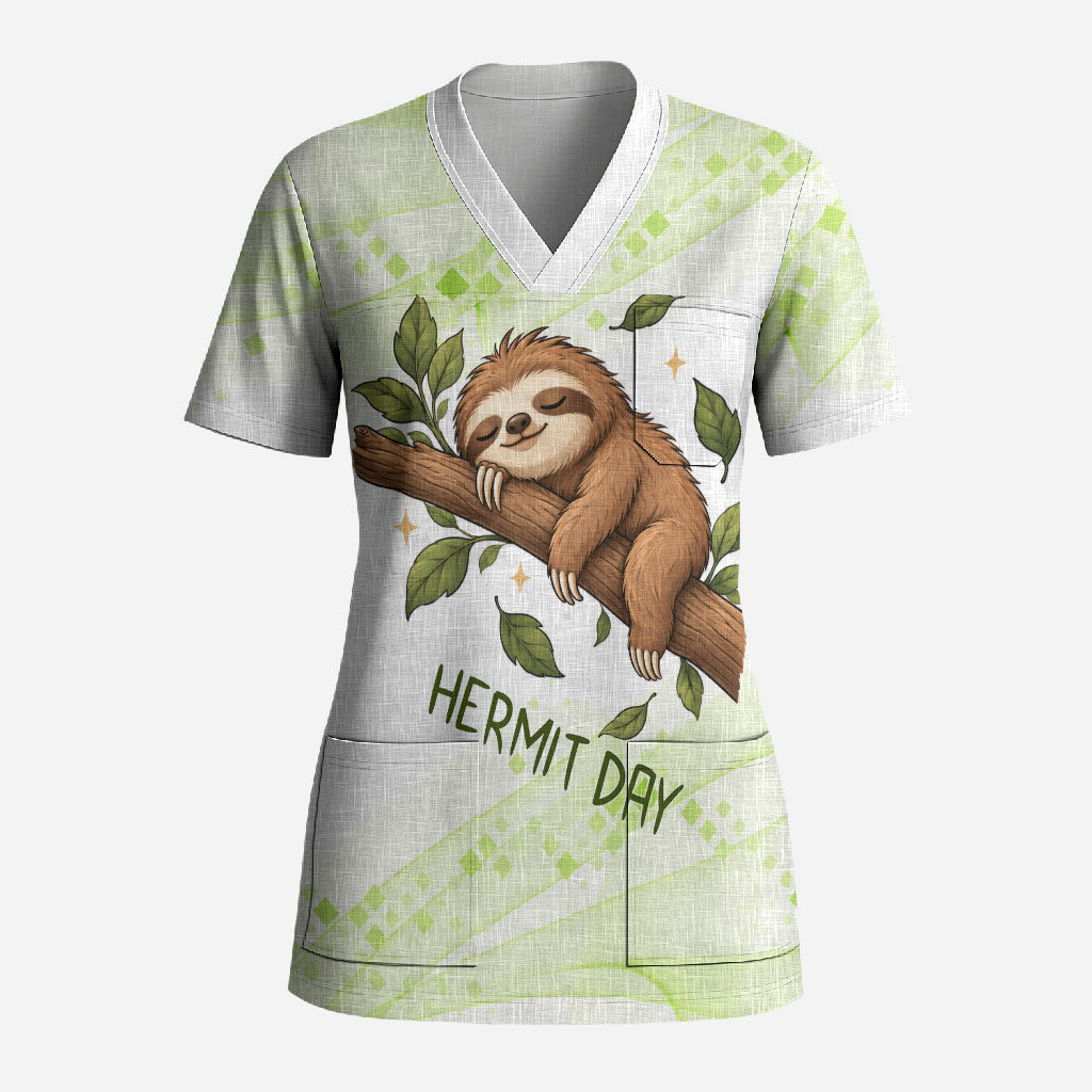 Meditating Sloth Hermit Day Scrub Top Just Breathe Mindfulness Coffee Animal