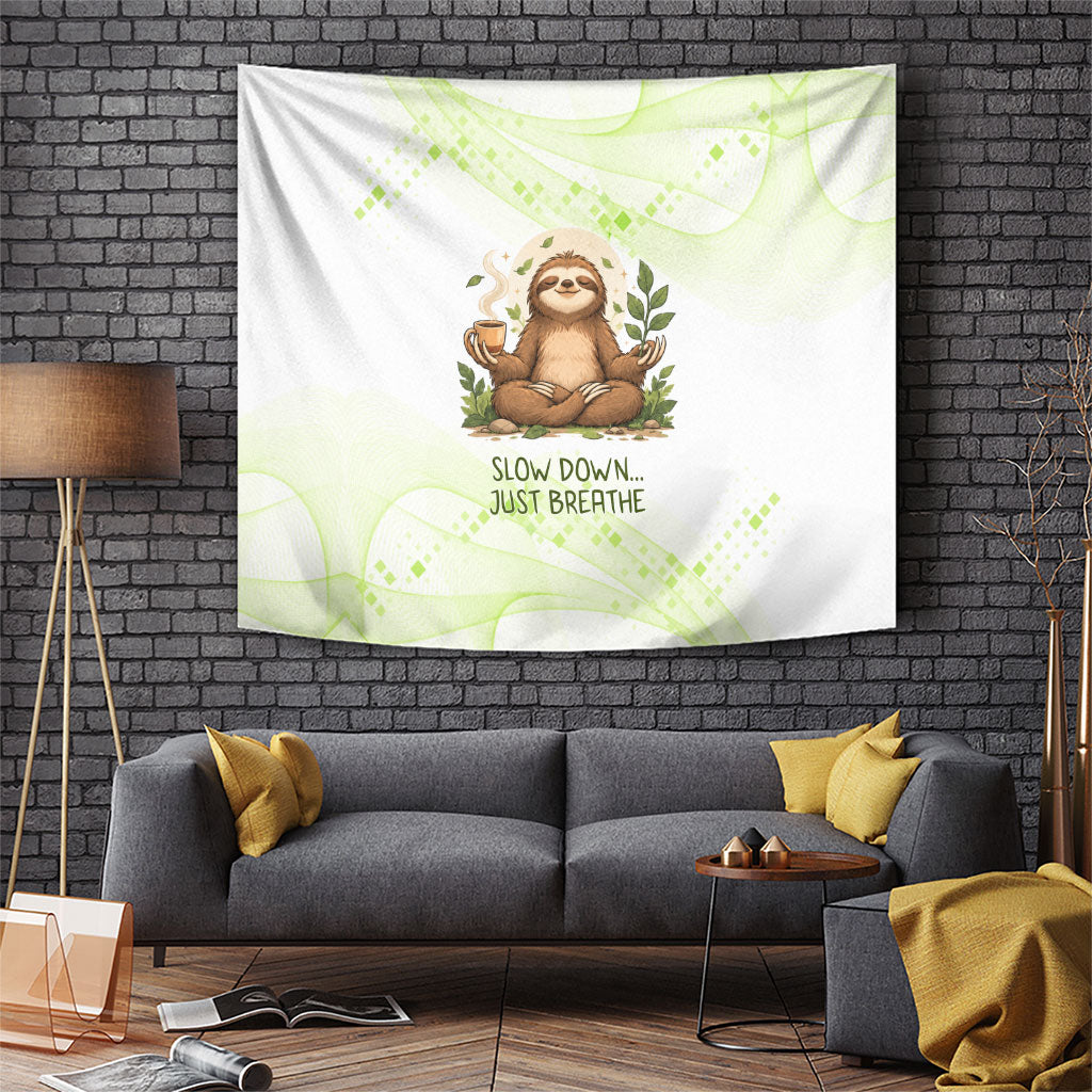 Meditating Sloth Hermit Day Tapestry Just Breathe Mindfulness Coffee Animal