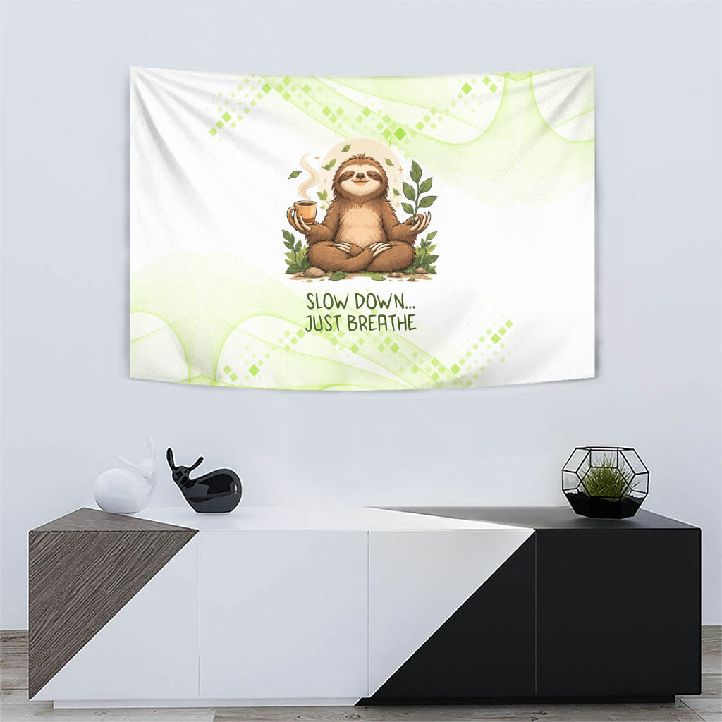 Meditating Sloth Hermit Day Tapestry Just Breathe Mindfulness Coffee Animal