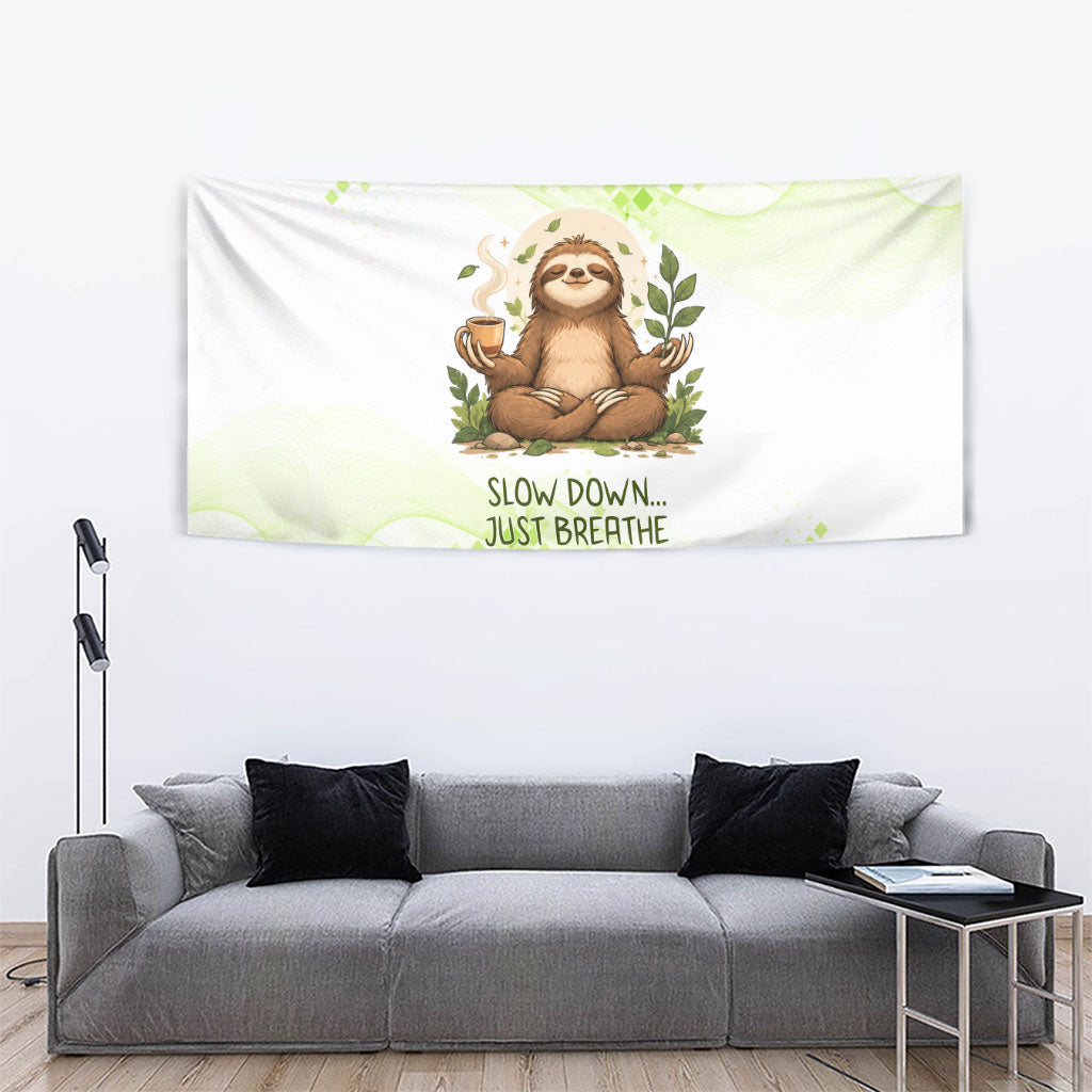 Meditating Sloth Hermit Day Tapestry Just Breathe Mindfulness Coffee Animal