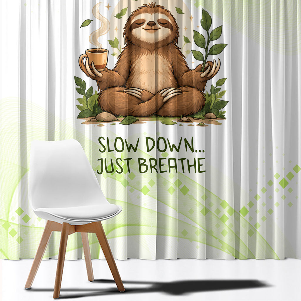 Meditating Sloth Hermit Day Window Curtain Just Breathe Mindfulness Coffee Animal
