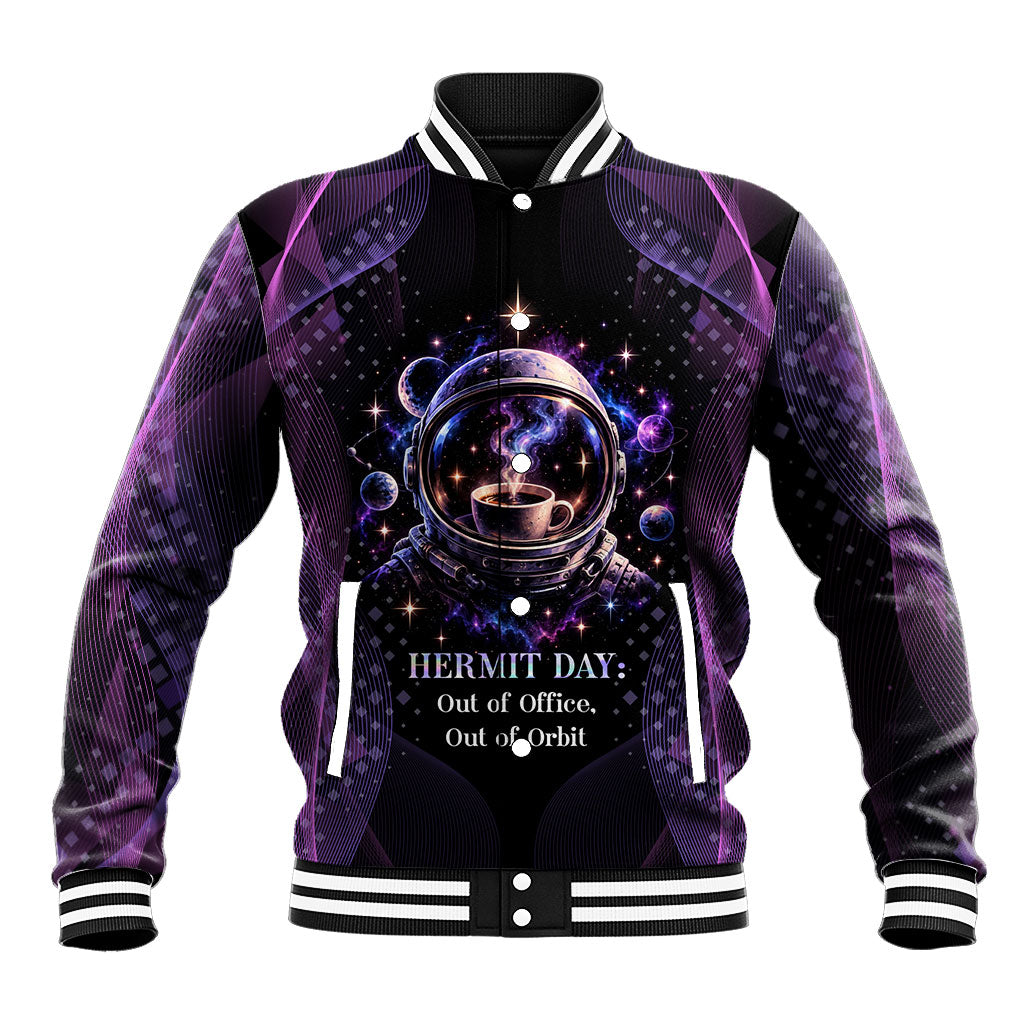 Hermit Day Astronaut Coffee Baseball Jacket Lost In My Own Space Cosmic Graphic