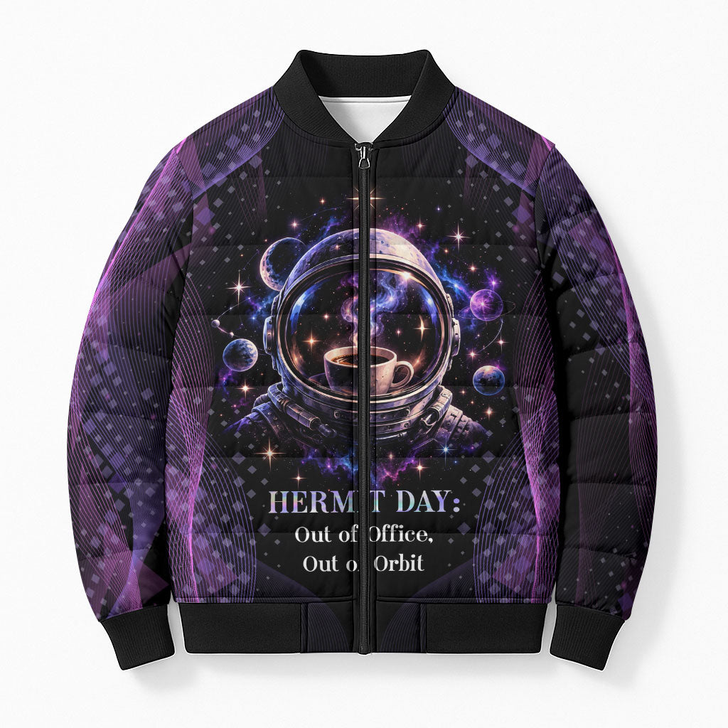 Hermit Day Astronaut Coffee Bomber Puffer Jacket Lost In My Own Space Cosmic Graphic
