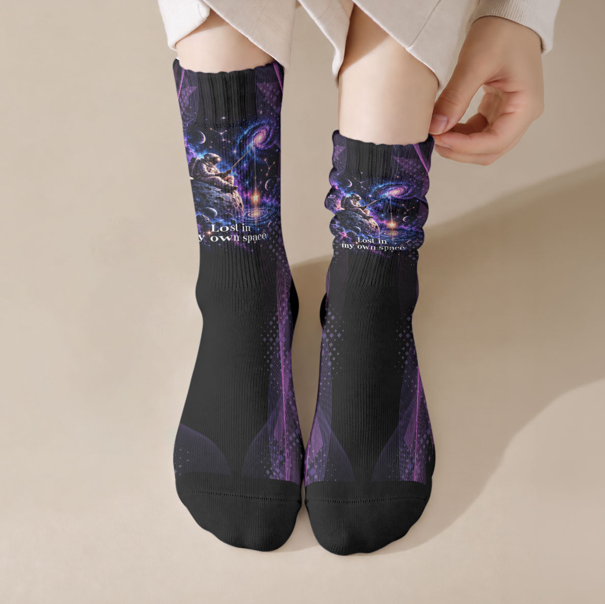 Hermit Day Astronaut Coffee Crew Socks Lost In My Own Space Cosmic Graphic