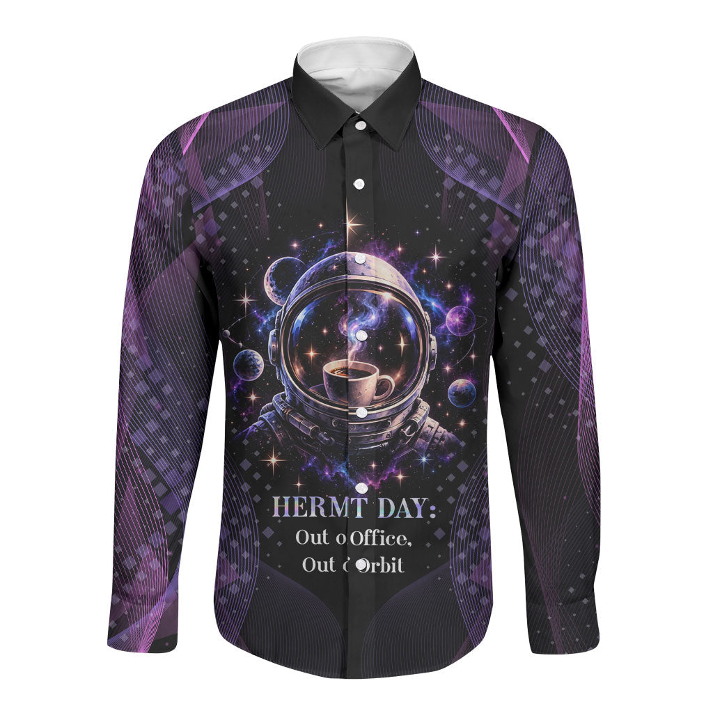Hermit Day Astronaut Coffee Long Sleeve Button Shirt Lost In My Own Space Cosmic Graphic