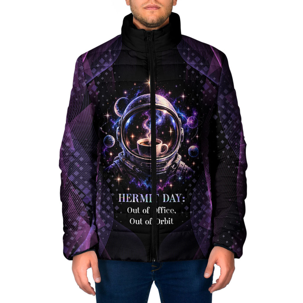Hermit Day Astronaut Coffee Padded Jacket Lost In My Own Space Cosmic Graphic