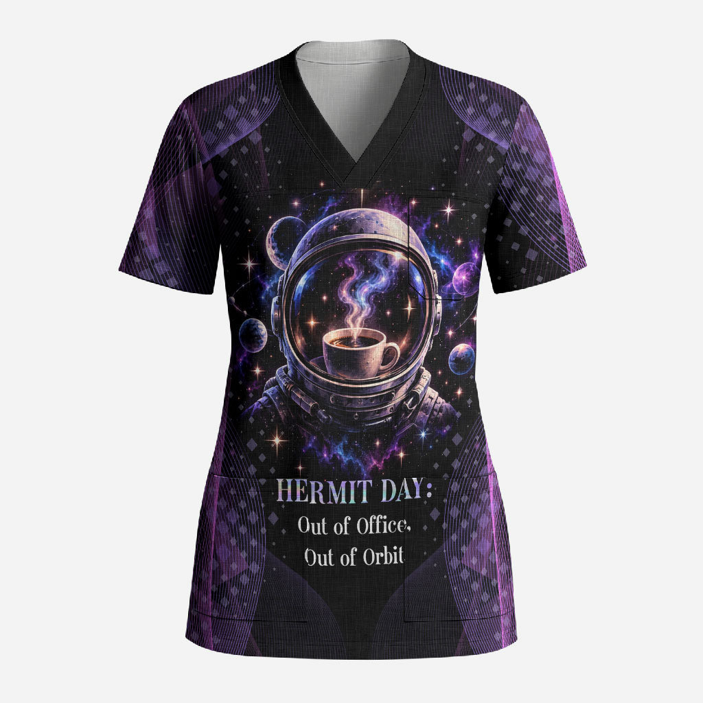 Hermit Day Astronaut Coffee Scrub Top Lost In My Own Space Cosmic Graphic