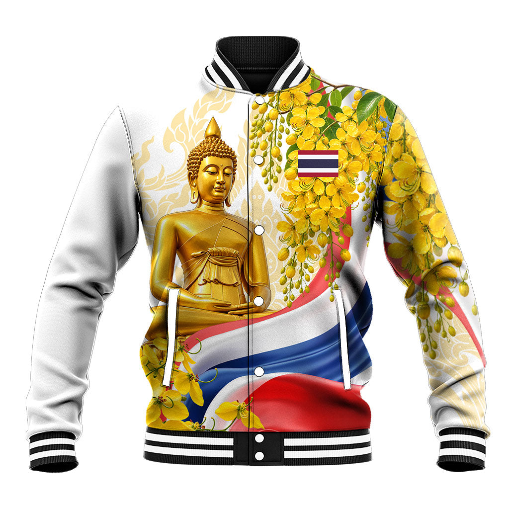 Thailand Golden Buddha Elephant Baseball Jacket Thai Culture Heritage Temple Ratchaphruek Art