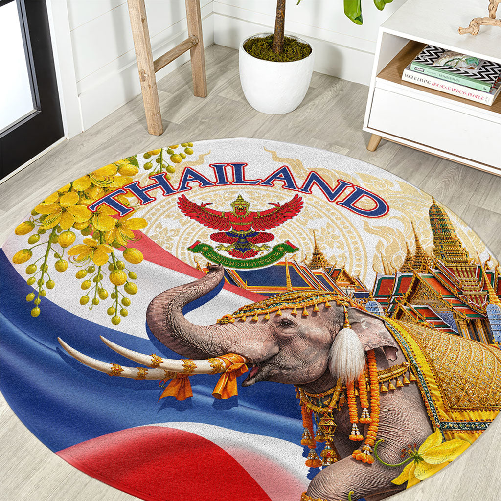 Thailand Golden Buddha Elephant Round Carpet Thai Culture Heritage Temple Ratchaphruek Art