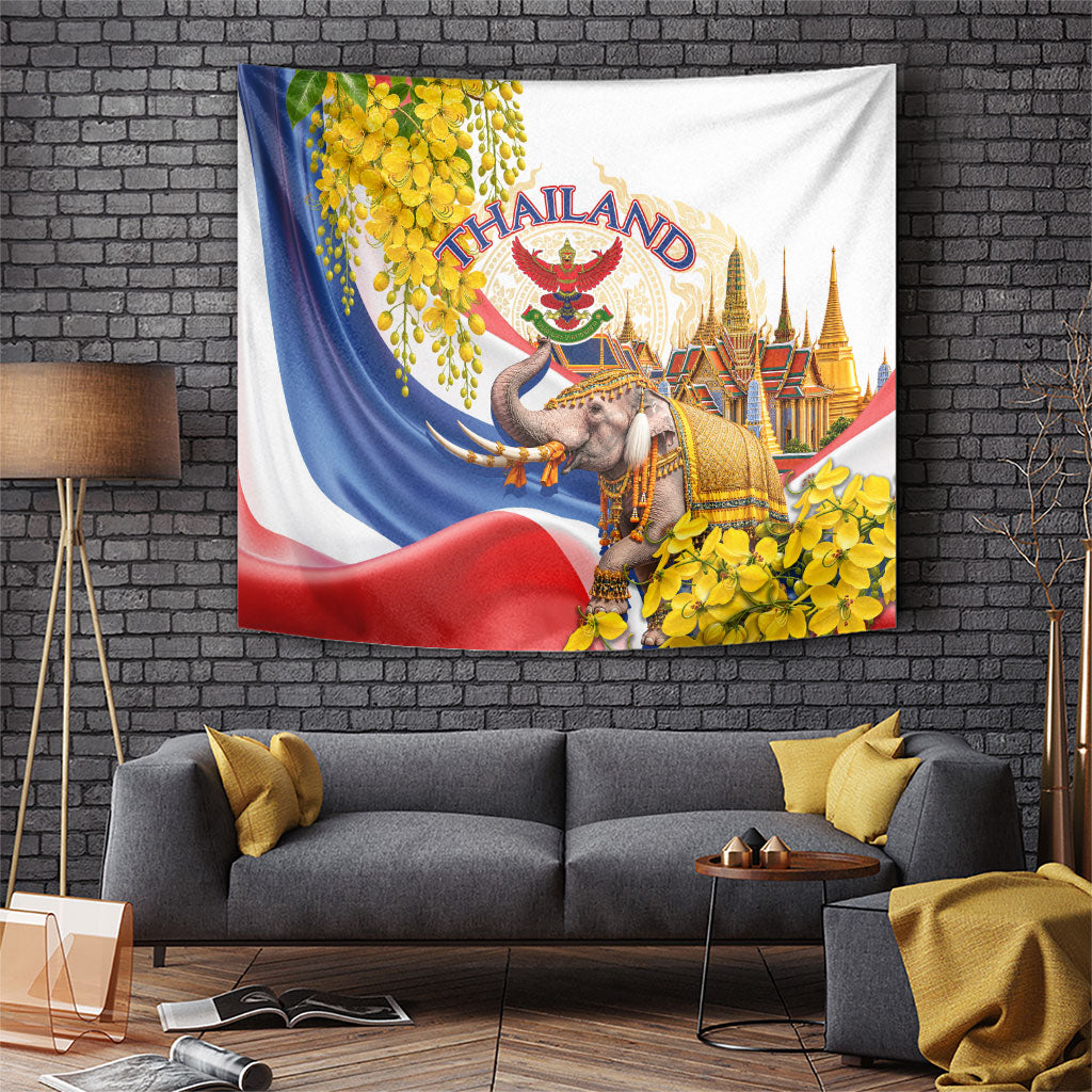 Thailand Golden Buddha Elephant Tapestry Thai Culture Heritage Temple Ratchaphruek Art