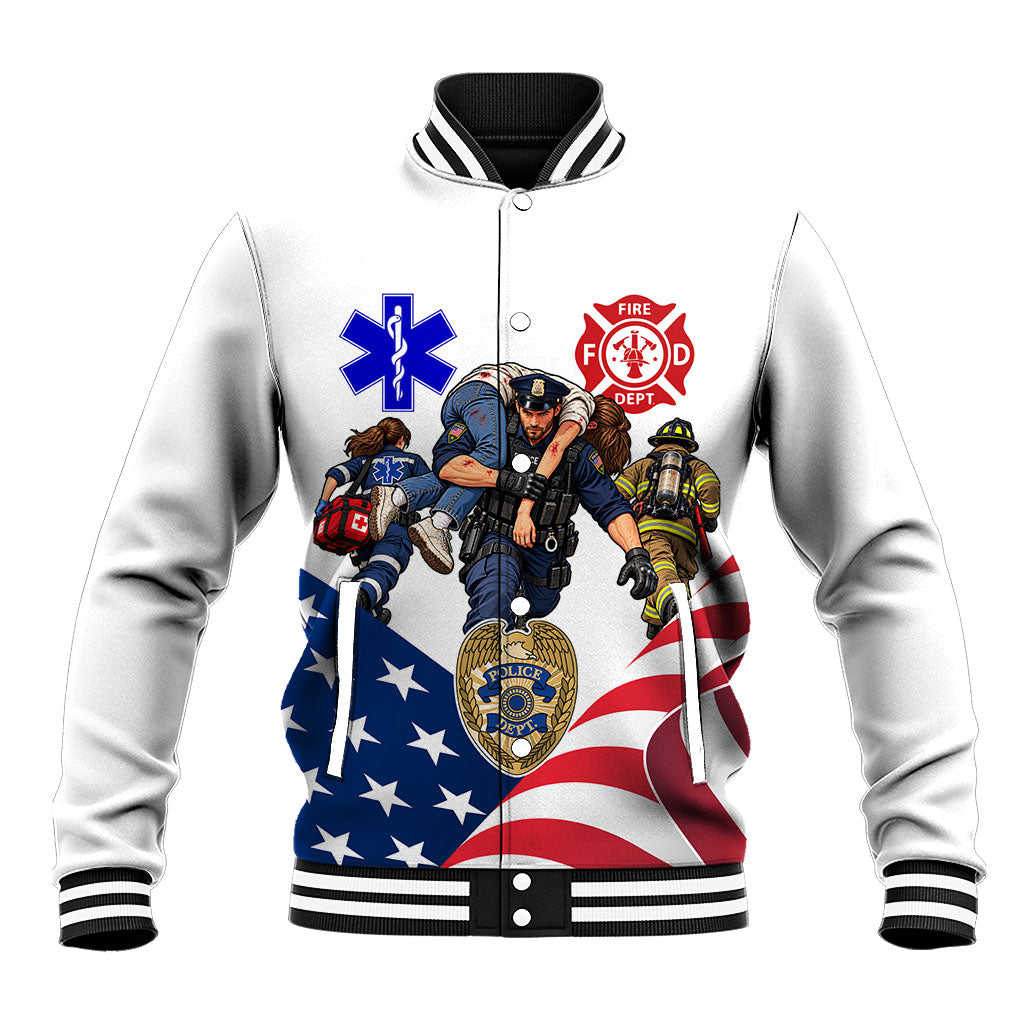 National First Responders Day Heroes Baseball Jacket Police Firefighter Paramedic US Flag Patriotic Art