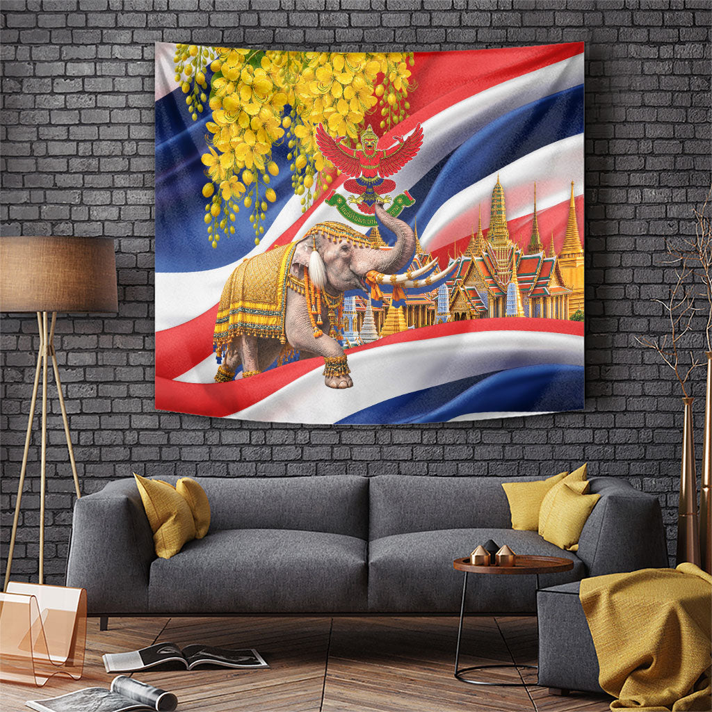 Thailand Tapestry Golden Buddha Elephant Temple Garuda Art