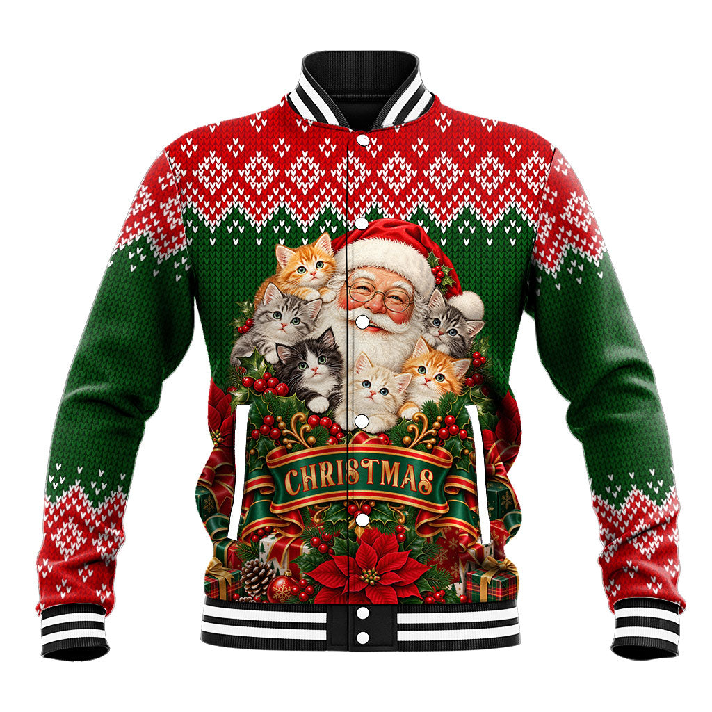 Personalized Santa Claus Kittens Christmas Baseball Jacket Funny Retro Old Saint Nick Holiday - For Cat Lovers