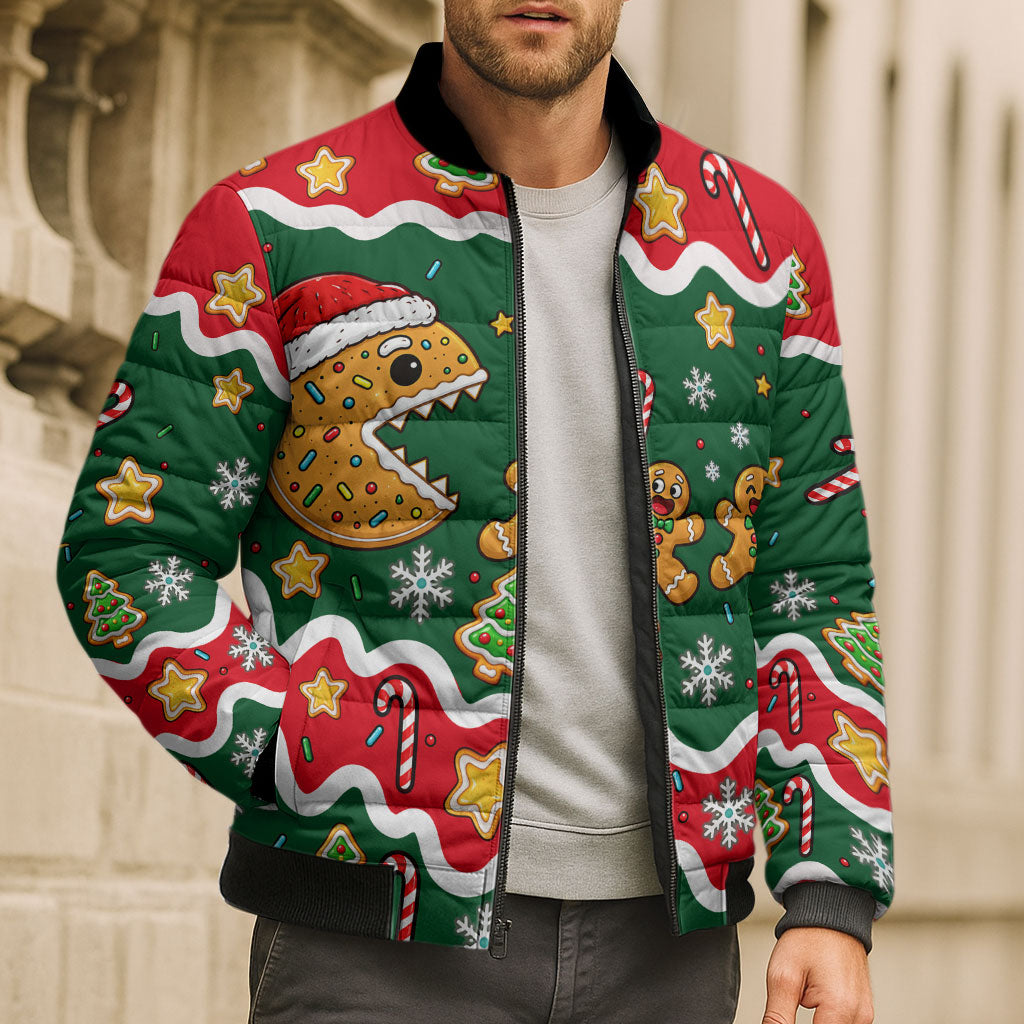 Gingerbread Cookies Christmas Bomber Puffer Jacket Cute Arcade Game Candy Cane Merry Christmas