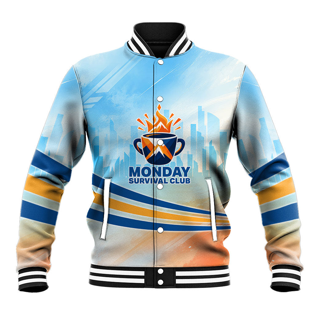 Monday Survival Club Baseball Jacket Level Up Monday Down Graphic Art Coffee Lover