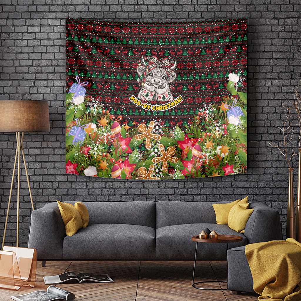 Highland Cow Moo-ry Christmas Tapestry Pattern Xmas Gingerbread Festive Artwork