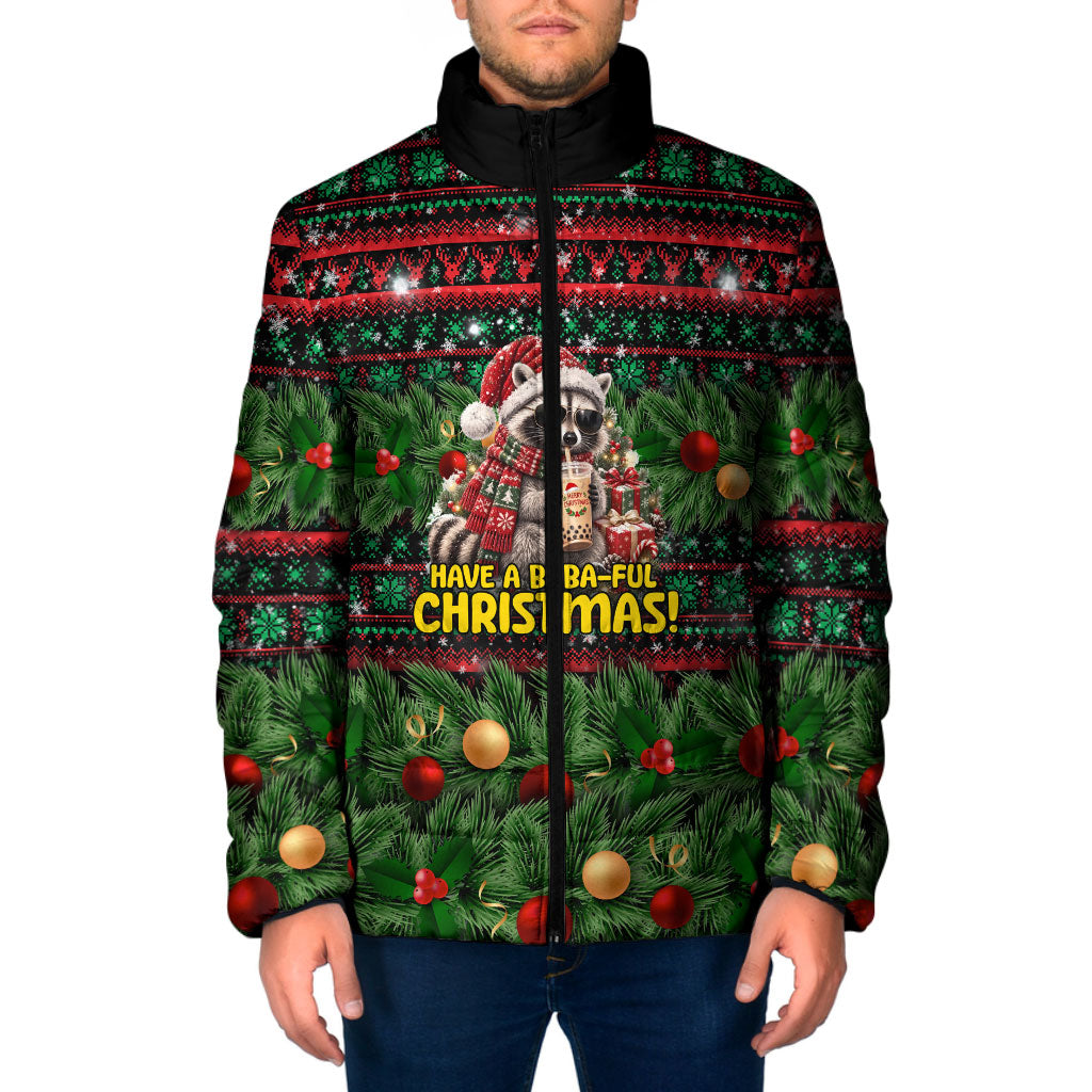 Christmas Raccoon Padded Jacket Funny Holiday Cute Raccoon Drinking Bubble Tea
