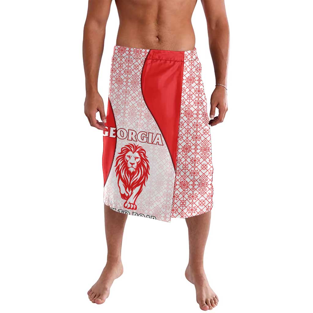 Red and white patterned lavalava with lion graphic and Georgia text panel