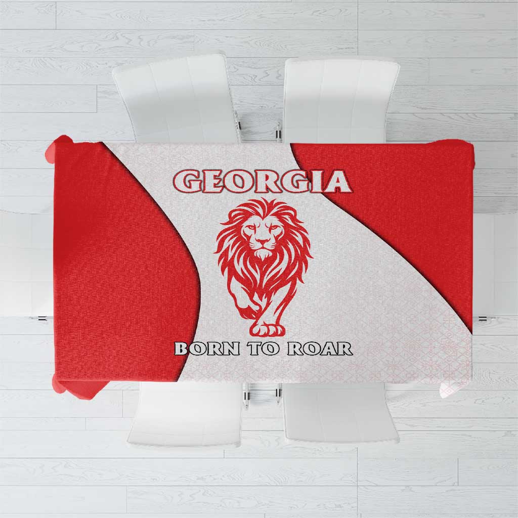 Red and white Georgia flag tablecloth with lion and “Born to Roar” graphic