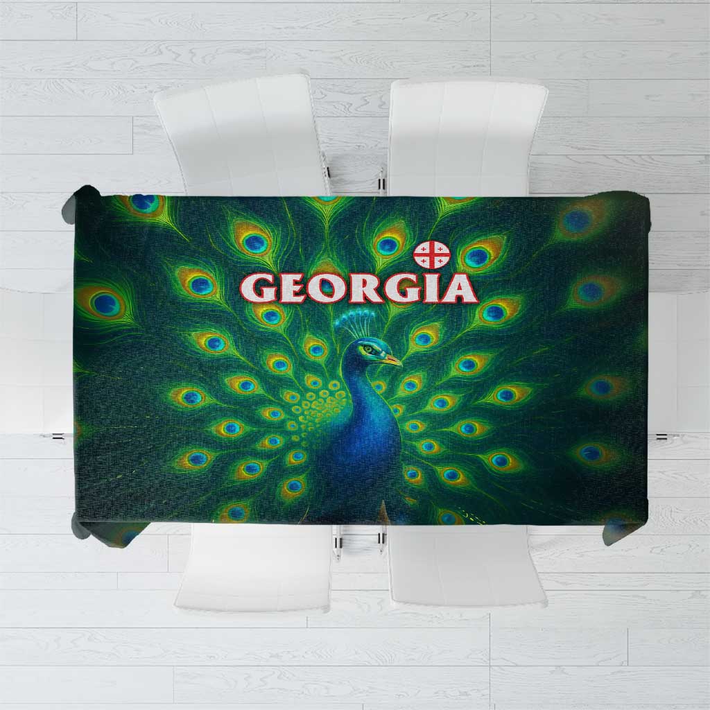 Peacock-themed tablecloth with dark green pattern and 'GEORGIA' text