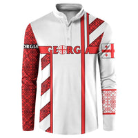 White button sweatshirt with red Georgia stripes and crest logo on chest.