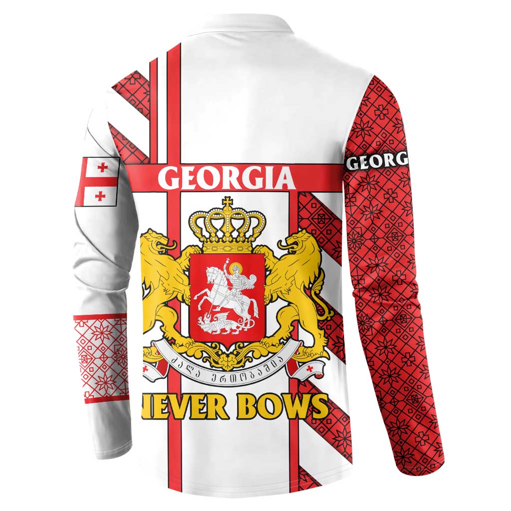 White button sweatshirt back print with crown emblem and NEVER BOWS text.