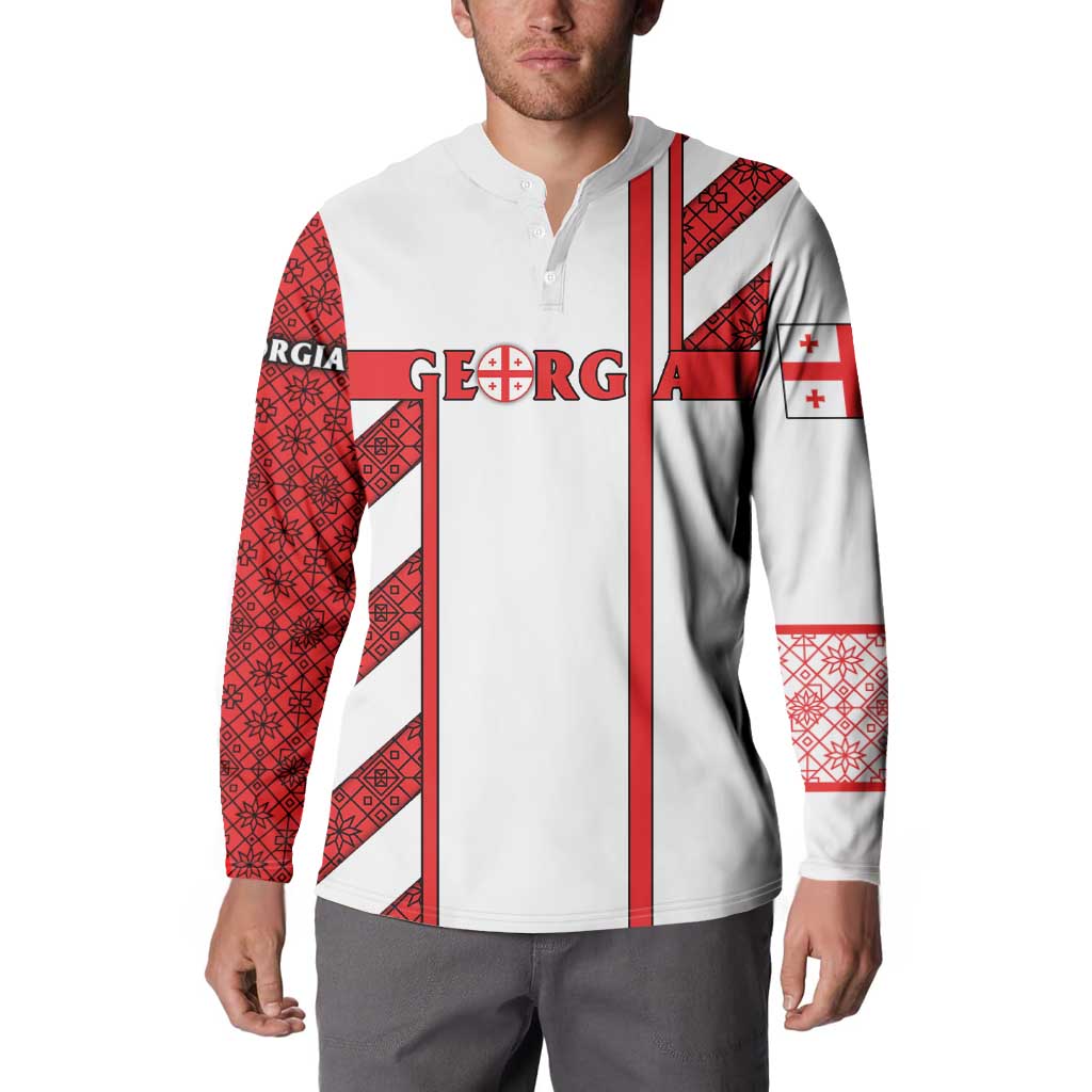White button sweatshirt with red vertical stripes and Georgia crest on chest.